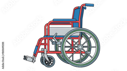 Colorful wheelchair with red frame and blue seat in illustration.