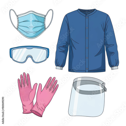 Collection of Protective Medical PPE Gear Including Mask, Goggles, Gloves and Shield for Safety.