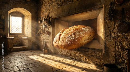 A loaf of fresh bread rising inside a large stone oven. Sunlight streams through a window, illuminating the warm tones of an old kitchen filled with wood and stone.