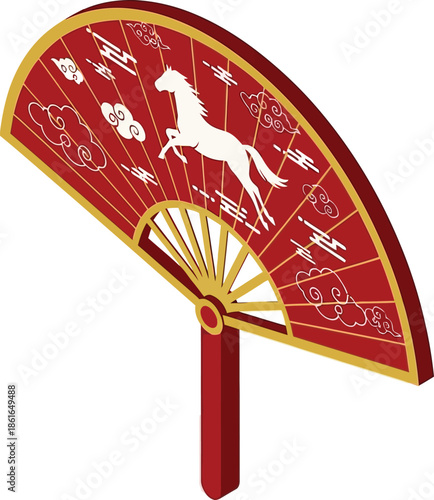 Vibrant red fan with majestic white horse illustration, symbolizing good fortune and prosperity, viewed from the front