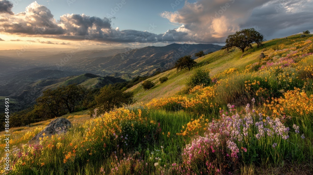 Obraz premium Colorful Wildflower Meadow on a Hillside with Oak Trees and Distant Mountains Under a Dramatic Cloudy Sky