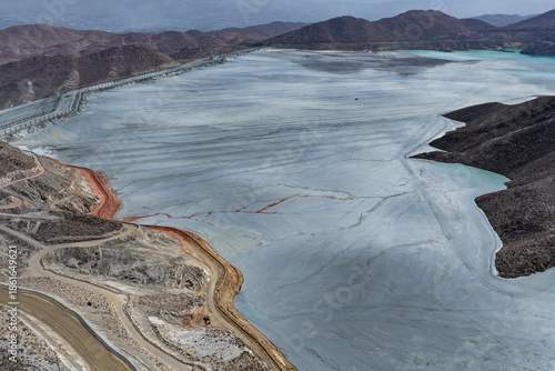 Photography Panoramic view of a mining tailings dam with a huge reservoir in the process of