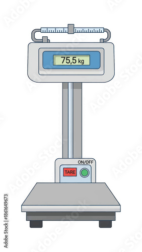 Digital weighing scale showing weight on platform with readout and calibration indicators.