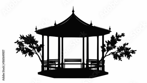 Silhouette of a traditional Asian gazebo with benches and trees.