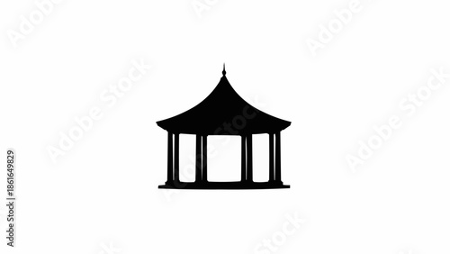 Silhouette of a traditional Asian pavilion structure.