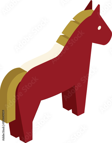 Illustration of a red horse figurine with golden mane against a white background from a side viewpoint