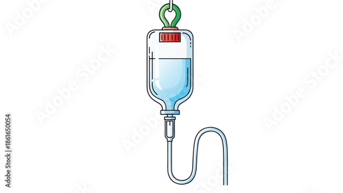 Illustrated IV drip bag with hanging line in a medical supply scene.