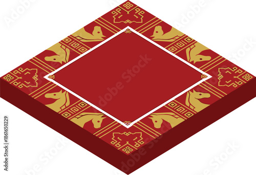 Aerial view of a red and gold square pattern with horse designs on a decorative border