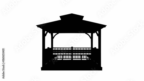 Silhouette of a wooden gazebo structure with a roof and railing.