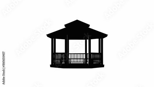 Silhouette of a wooden gazebo on a white background.