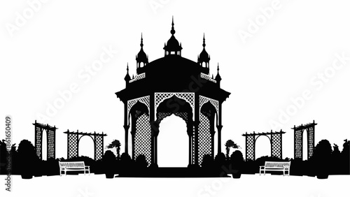 Silhouette of an ornate gazebo with surrounding garden elements.