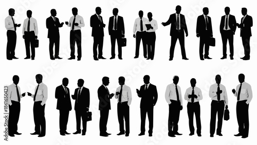 Silhouette of business people standing and talking in groups.