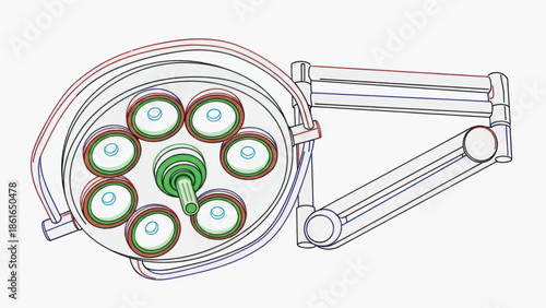 Overhead surgical light with multiple round lamps on adjustable arms in a medical operating room.