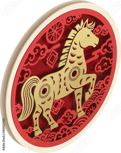 Golden Horse Illustration on Red Background with Symbolic Patterns