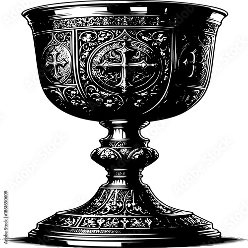 Divine Sacred Chalice with Ornate Religious Symbols and Spiritual Carvings