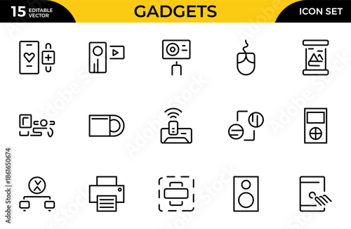 Gadget line icon set. Includes laptop, tablet, smartphone, drone, computer monitor, technology. Thin outline icons pack. Vector illustration
