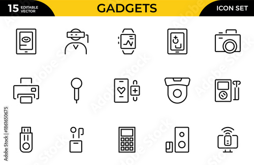 Gadget line icon set. Includes laptop, tablet, smartphone, drone, computer monitor, technology. Thin outline icons pack. Vector illustration