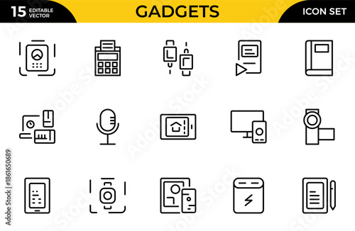Gadget line icon set. Includes laptop, tablet, smartphone, drone, computer monitor, technology. Thin outline icons pack. Vector illustration