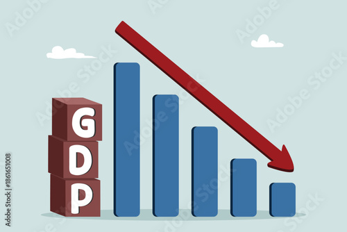 GDP (Gross Domestic Product), import or export decline, stock market loss value, annual percentage value report concept, GDP word on a bar with a decreasing graph.