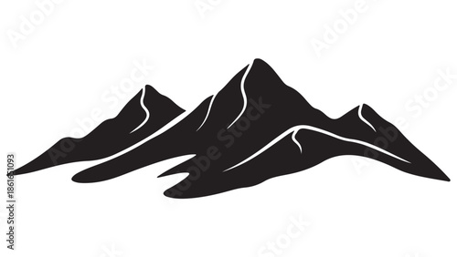 A dramatic mountain range in silhouette against a bright white background