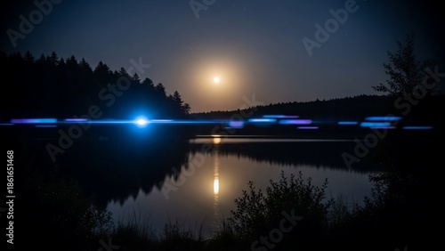 Moonlit Night Scene over Serene Lake Water.