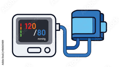 Digital blood pressure monitor with cuff and display for home health tracking.