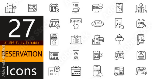 Reservation Line Icons Set – Booking, Appointment and Scheduling Outline Symbols