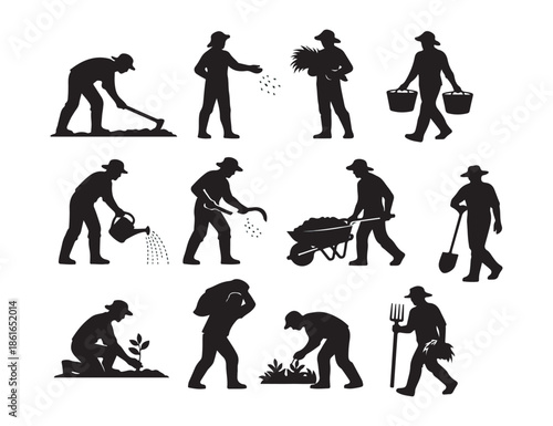 Set of farm worker silhouettes showing agricultural labor activities including planting, harvesting, watering crops, carrying tools and field work poses.