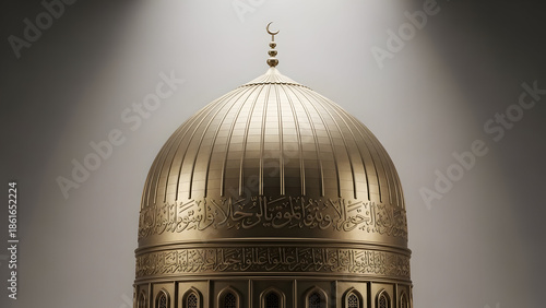 The golden dome of the dome of the rock mosque stands tall against a softly lit background.