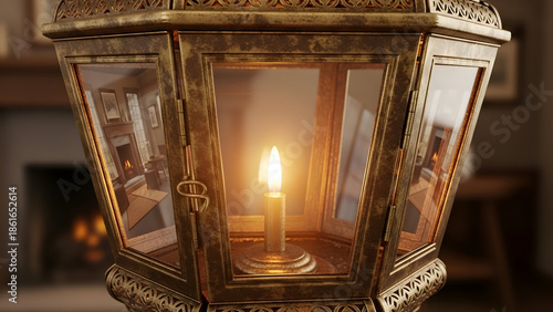Ornate antique lantern with a lit candle inside, casting a warm glow