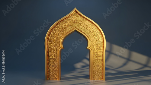 Intricate golden islamic archway with ornate arabic calligraphy