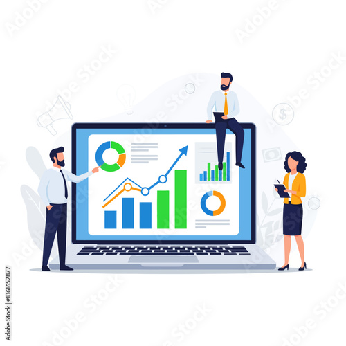 A modern business analytics scene a dedicated team collaborates on a laptop, interpreting data visualizations for strategic financial growth and market insights