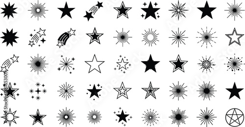 Black star icons set with sparkle elements sparkling bursts shooting stars and decorative twinkle shapes for graphic design and celestial patterns
