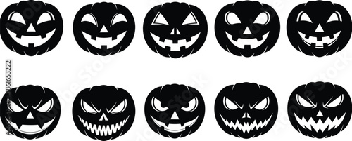 Halloween Pumpkin Silhouette Set, Spooky Jack-o-lantern Faces, Scary Evil Expressions, October Holiday Decorations, Horror Face Icons, Carved Pumpkin Graphic, Vector, Autumn.