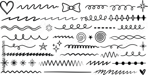 Hand Drawn Squiggle Line Set, Decorative Underline Strokes, Calligraphy Swirl Elements, Doodle Sparkles, Stars, Heart, Bow, Zigzag Border, Scribble Graphic, Collection.