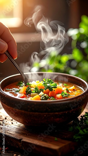 Steaming vegetable soup in a rustic bowl, spoon in hand