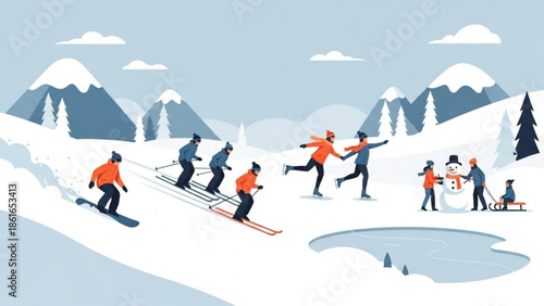 Group of people skiing and having fun in the snow, winter sports illustration, snowman