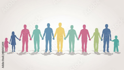 Diverse group of people holding hands together in unity, colorful silhouettes on white