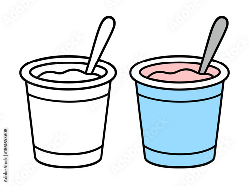Simple yogurt cup illustration with a colored version and an outline version, clean and minimal style suitable for icons, stickers, food graphics, kids content, and coloring pages.
