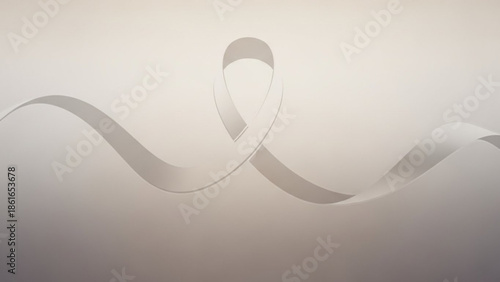 White ribbon flowing in wavy motion on gray gradient background with soft lighting