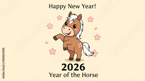 2026年の新年を祝う、桜の花びらが舞う背景に立つかわいい笑顔の馬のイラスト。.