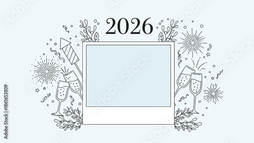 2026年の新年を祝う、花火やシャンパンで飾られたポラロイド風フレームのイラスト.
