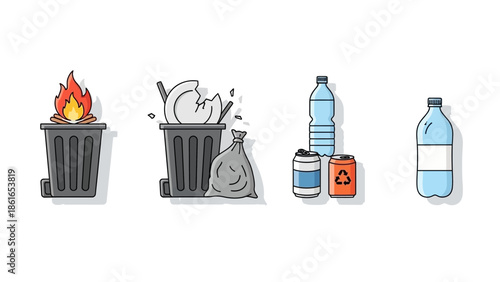 Illustrations depicting different types of waste management, including burning trash, general garbage, and recyclable plastic bottles and aluminum cans.