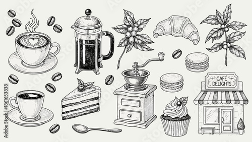 A collection of hand-drawn coffee and pastry illustrations including cups, beans, a French press, grinder, cake, and cafe.