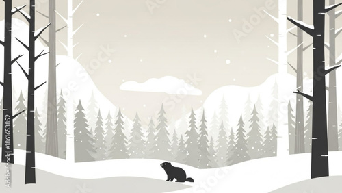 Serene winter landscape with beaver standing in snow covered forest, snowflakes falling