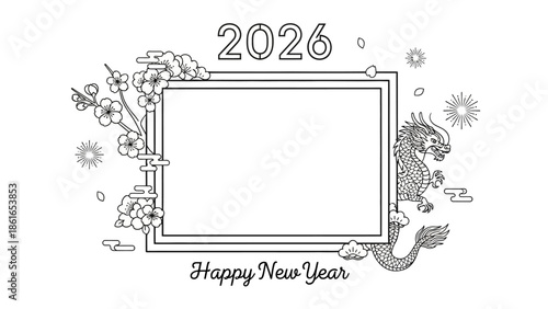 2026年の旧正月を祝う、龍と梅の花が描かれたハッピーニューイヤーの白黒アウトラインフレームイラスト.
