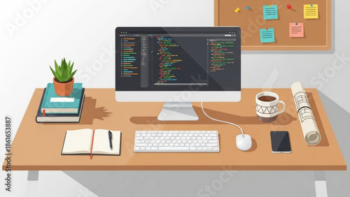 Programmer workspace with computer, coffee, and office supplies on wooden desk, coding
