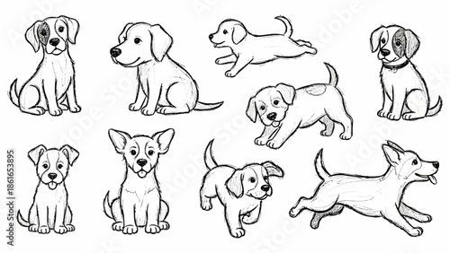 様々なポーズをとる子犬たちの白黒イラスト集、愛らしい表情と動きが描かれています。.