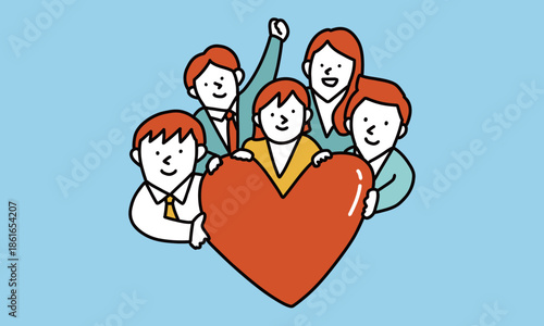 大きなハートを囲むチームのイラスト