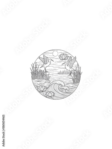 Wetlands illustration line art with birds water plants and lotus drawn for world wetlands day awareness showing natural habitat biodiversity and ecosystem balance